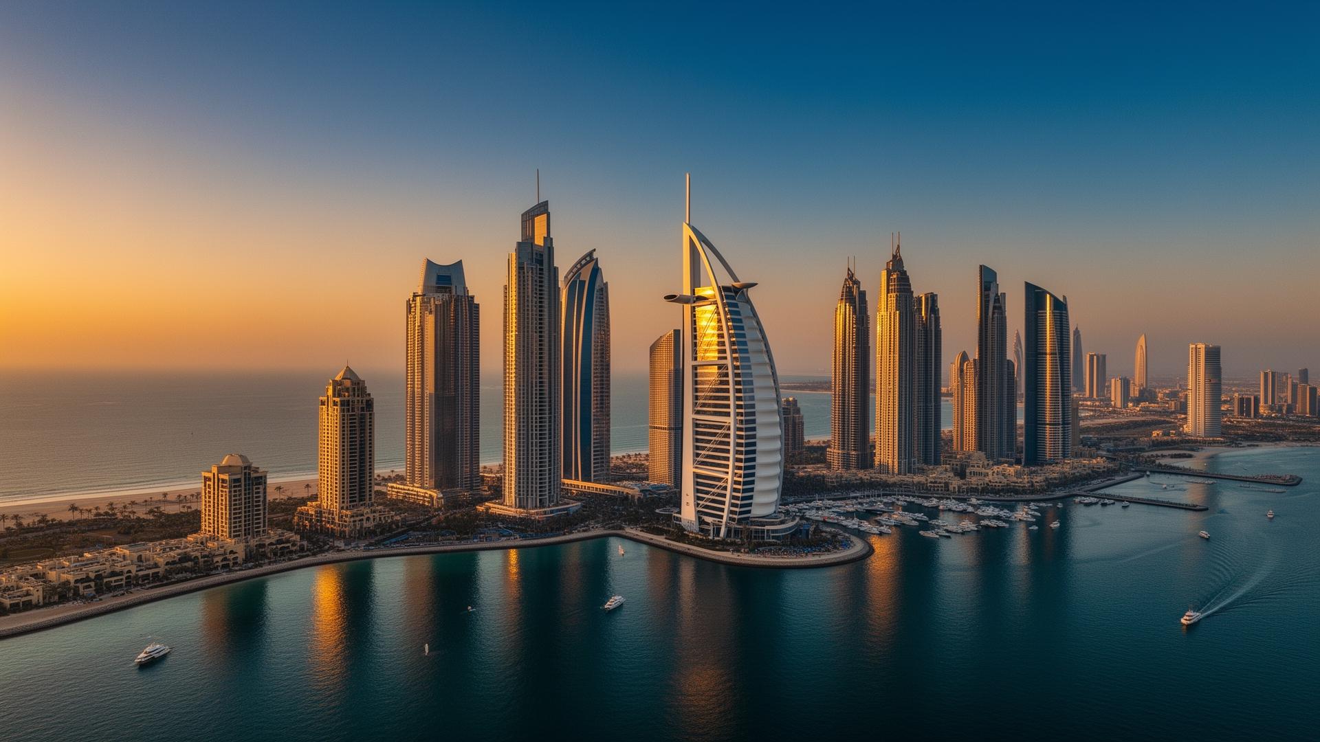 Dubai skyline met Burj Al Arab bij gouden uur